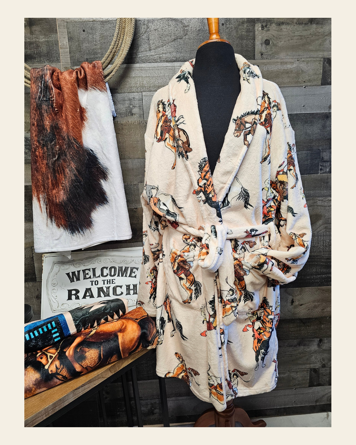 Baha Ranch Vintage Cowgirl Women's Bath Robe on a warm cream background