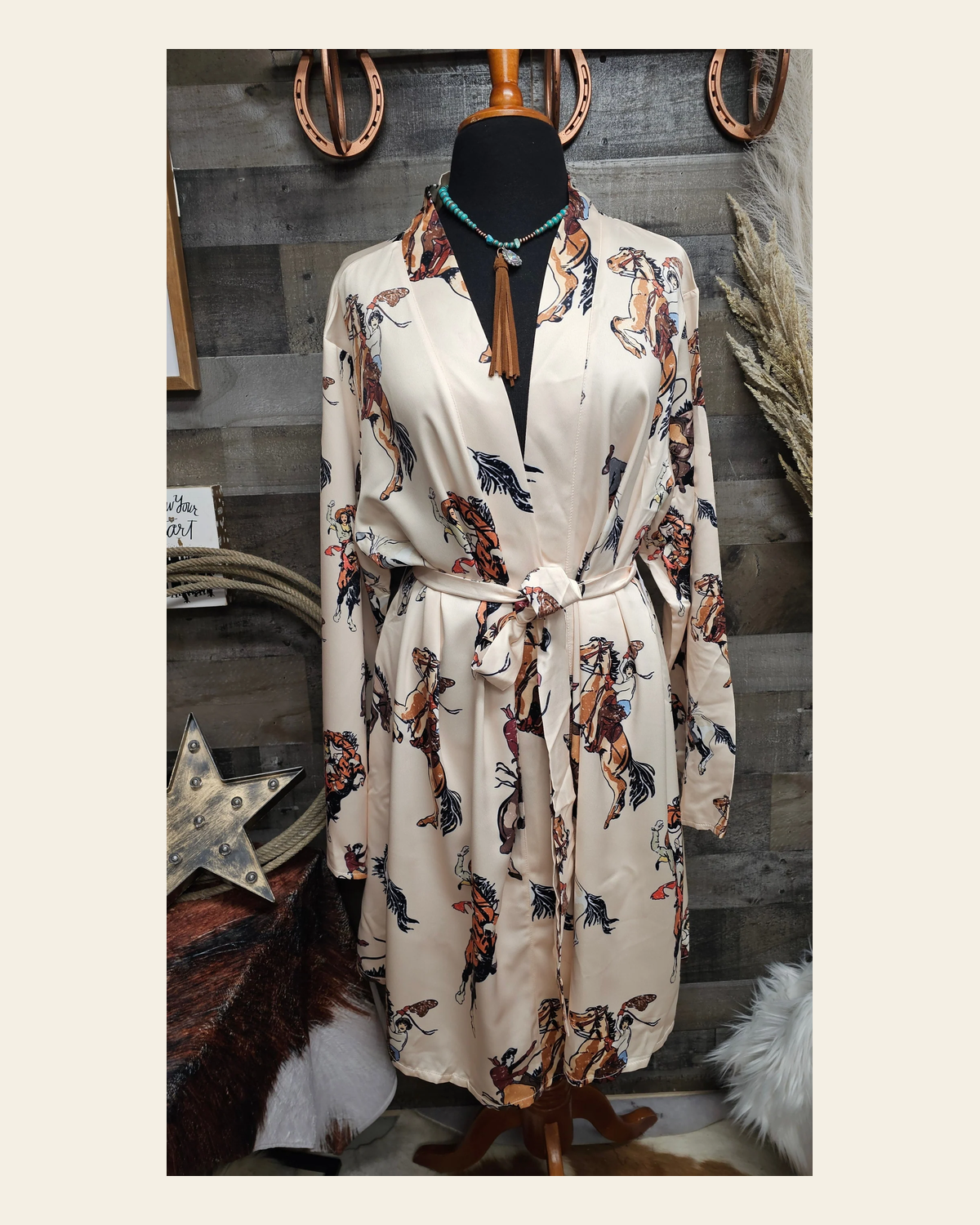 Baha Ranch Vintage Cowgirl Women's Long Sleeve Belted Satin Feel Dressing Lounge Robe on a warm cream background
