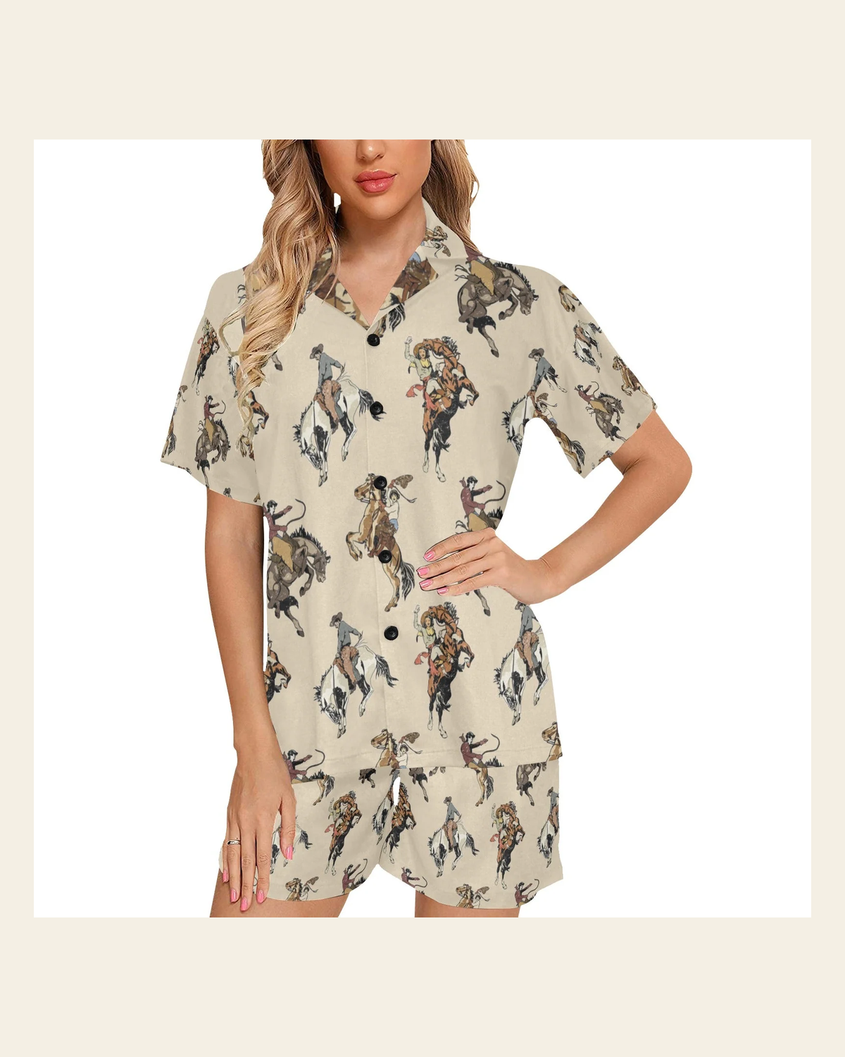 Baha Ranch Vintage Cowgirl Women's Western Pajama Set on a warm cream background