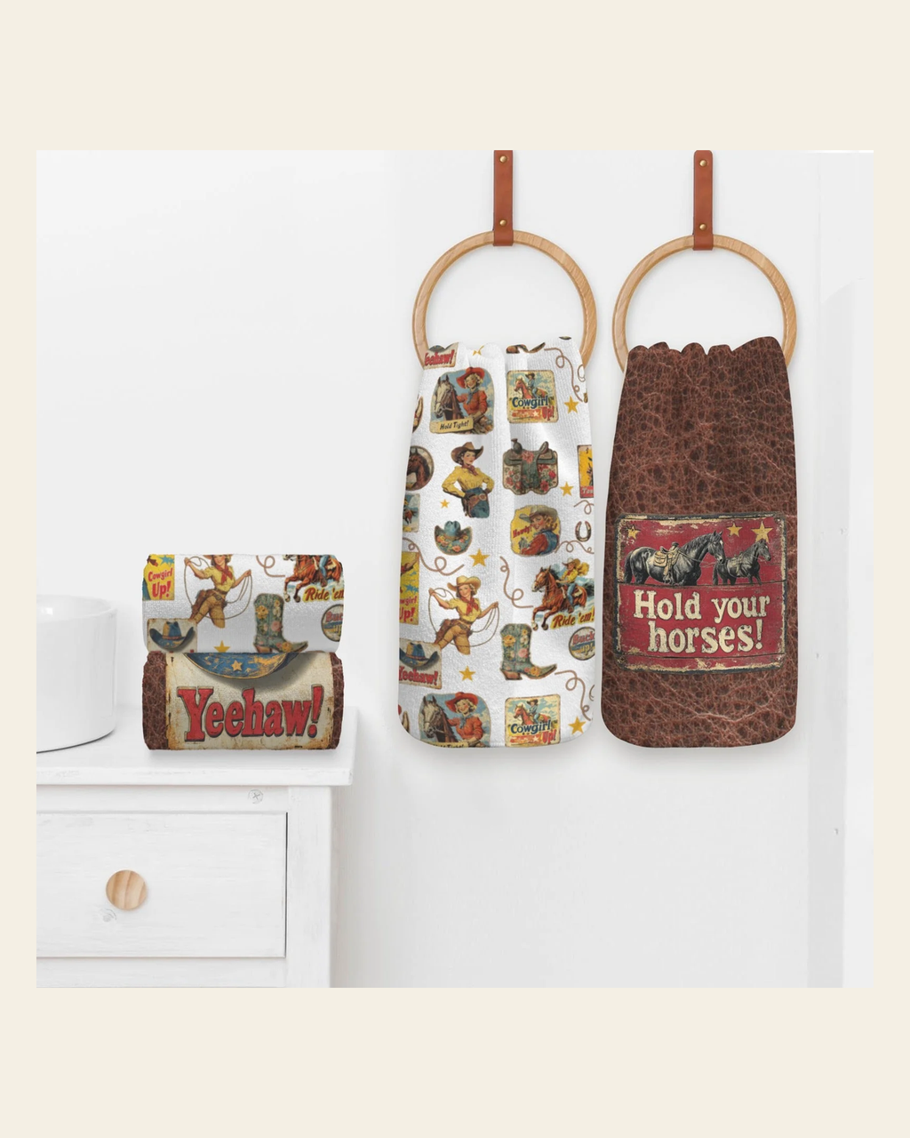 Baha Ranch Vintage Cowgirls Set of 4 Kitchen Dish Towels Made in America on a warm cream background