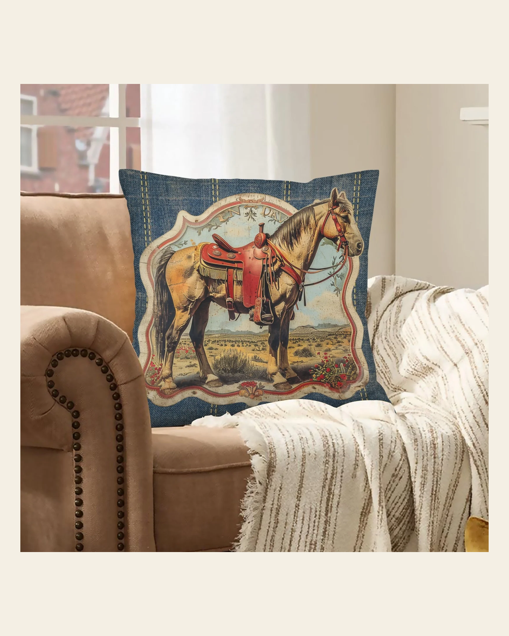 Baha Ranch Vintage Horse Velvety Soft Pillow Case Made in America on a warm cream background