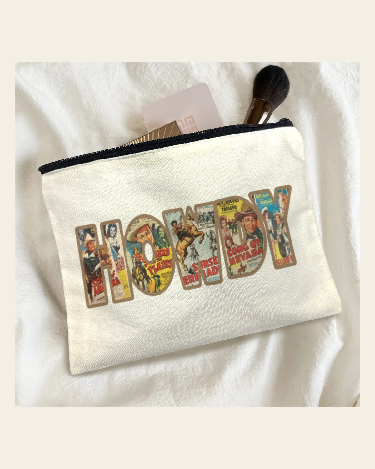Baha Ranch Vintage Howdy Cosmetic Bag Pack of 5 Made in America on a warm cream background