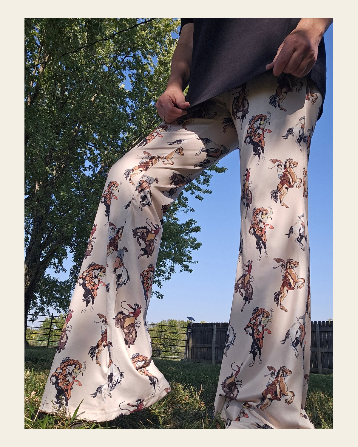 Baha Ranch Vintage Rodeo Cowgirl Flare Pants on a warm cream background