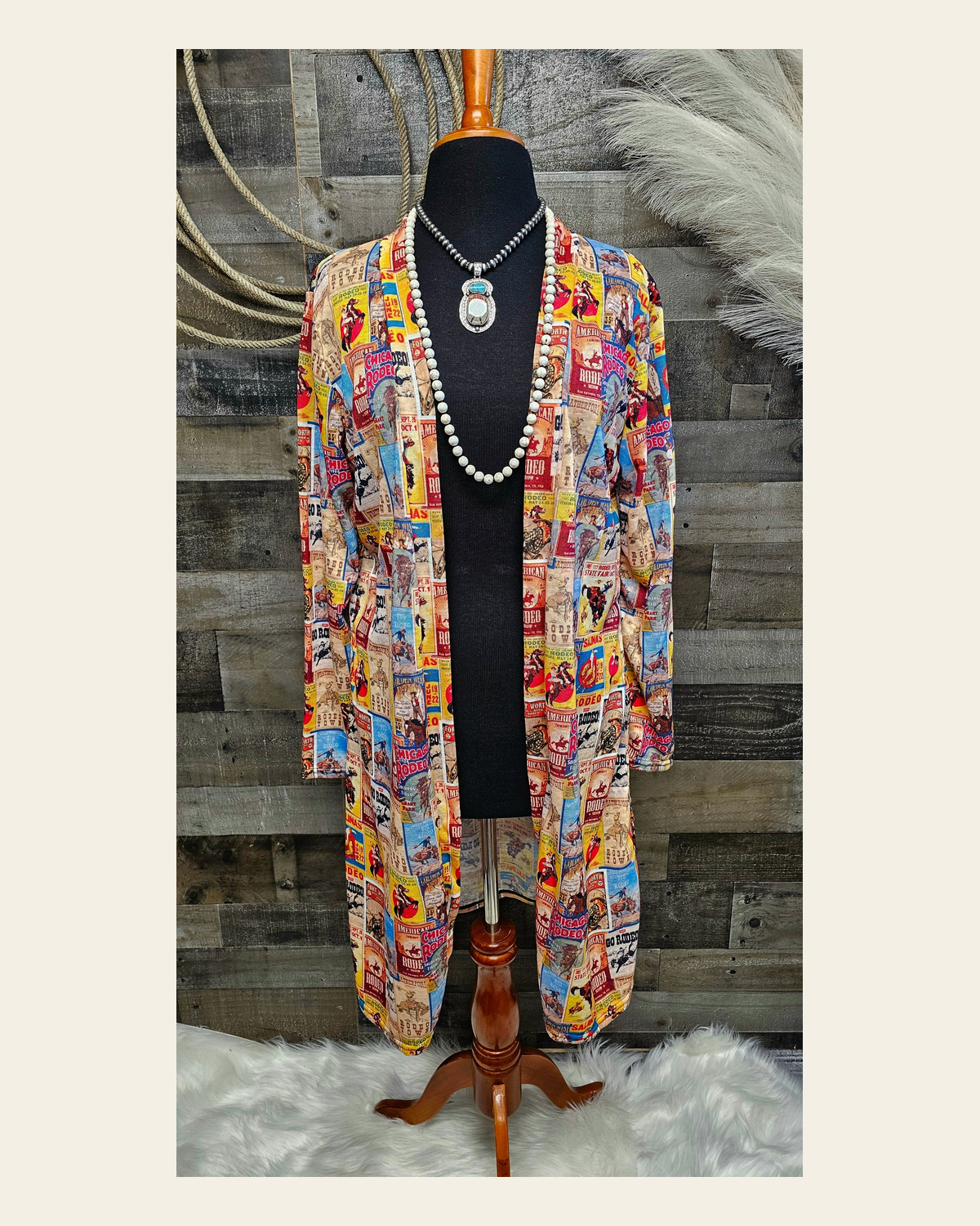 Baha Ranch Vintage Rodeo Poster Lightweight Cardigan on a warm cream background