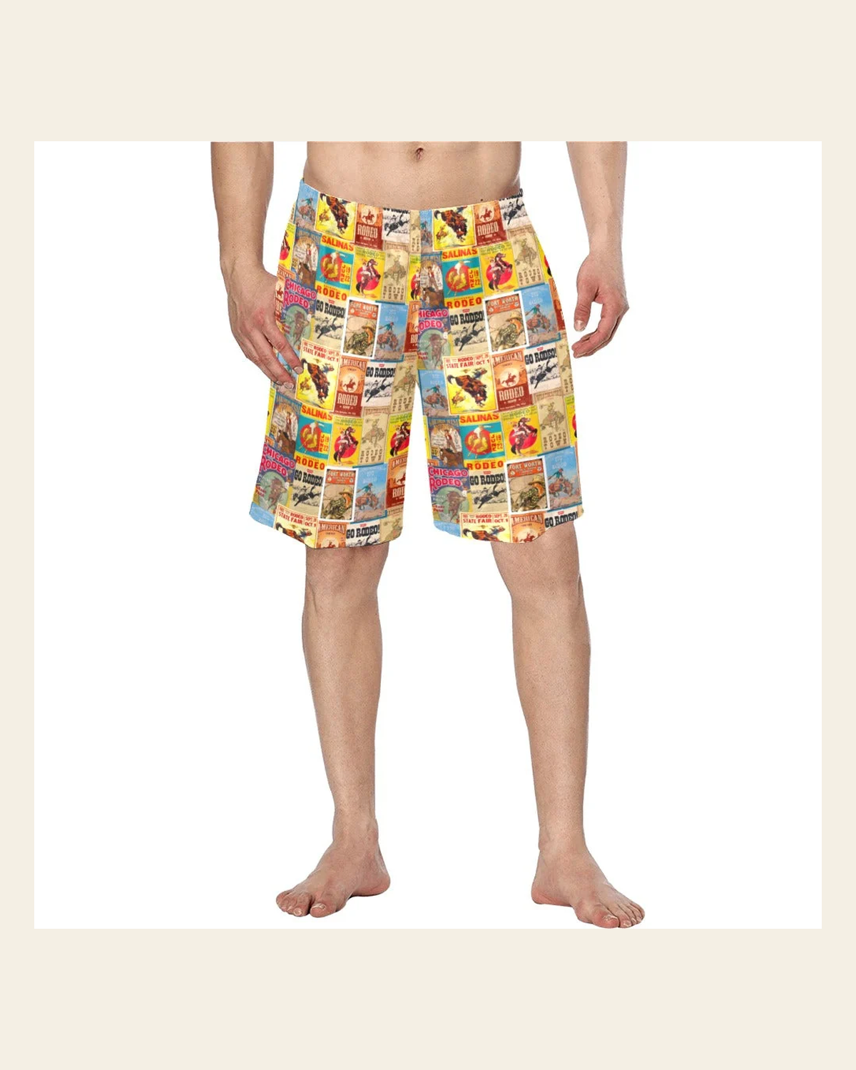 Baha Ranch Vintage Rodeo Poster Mens Western Swim Trunks Shorts on a warm cream background