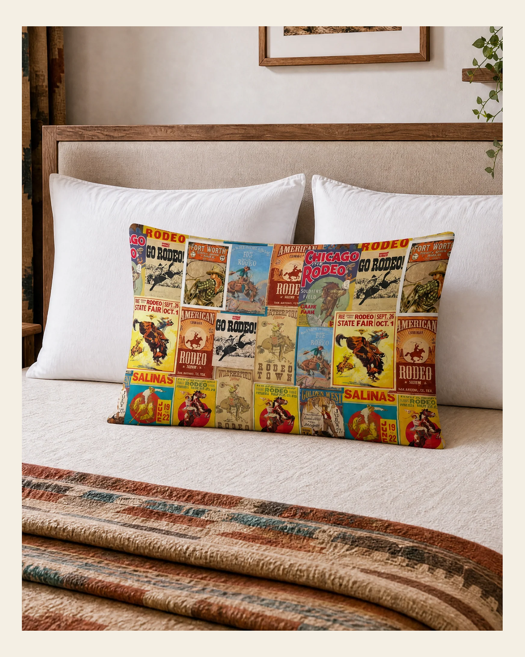 Baha Ranch Vintage Rodeo Poster Pillow Case Made in America on a warm cream background
