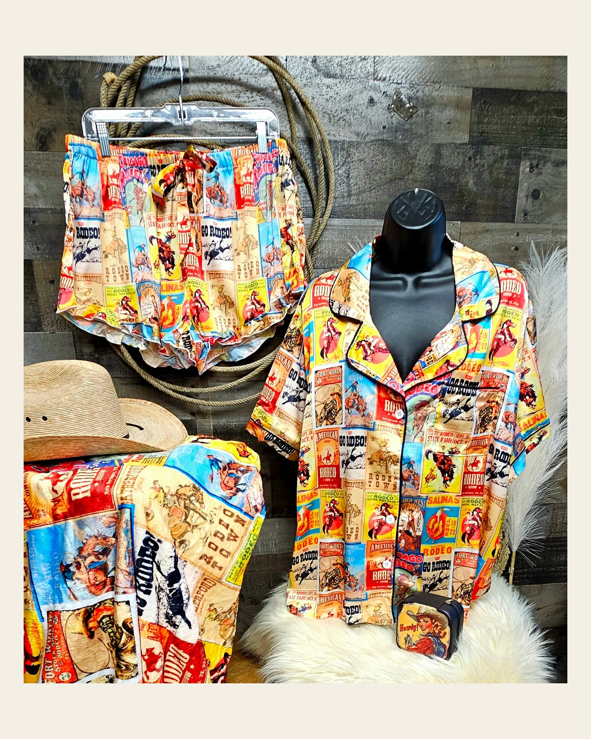 Baha Ranch Vintage Rodeo Poster Satin Pajama Set on a warm cream background