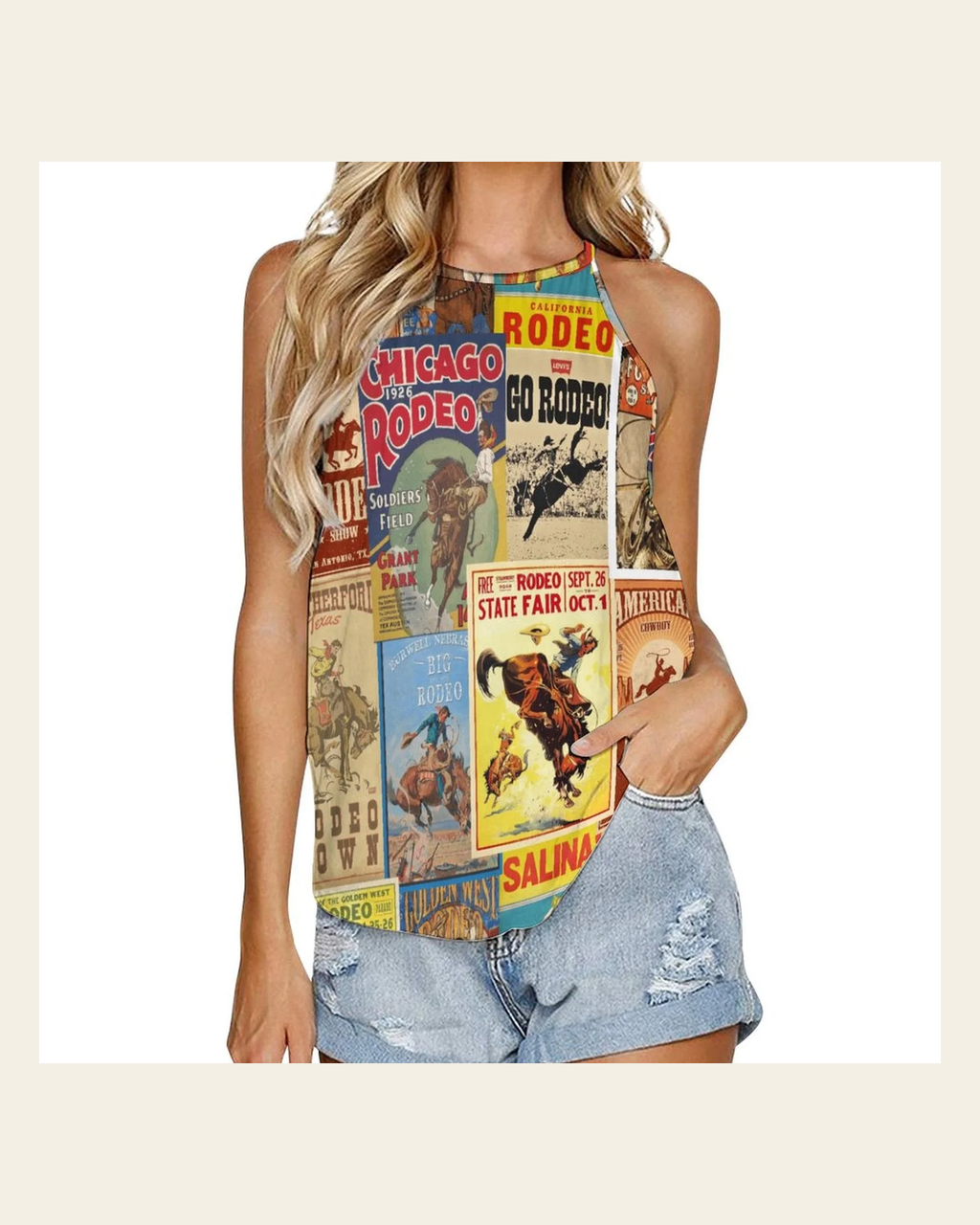 Baha Ranch Vintage Rodeo Poster Tank Top on a warm cream background