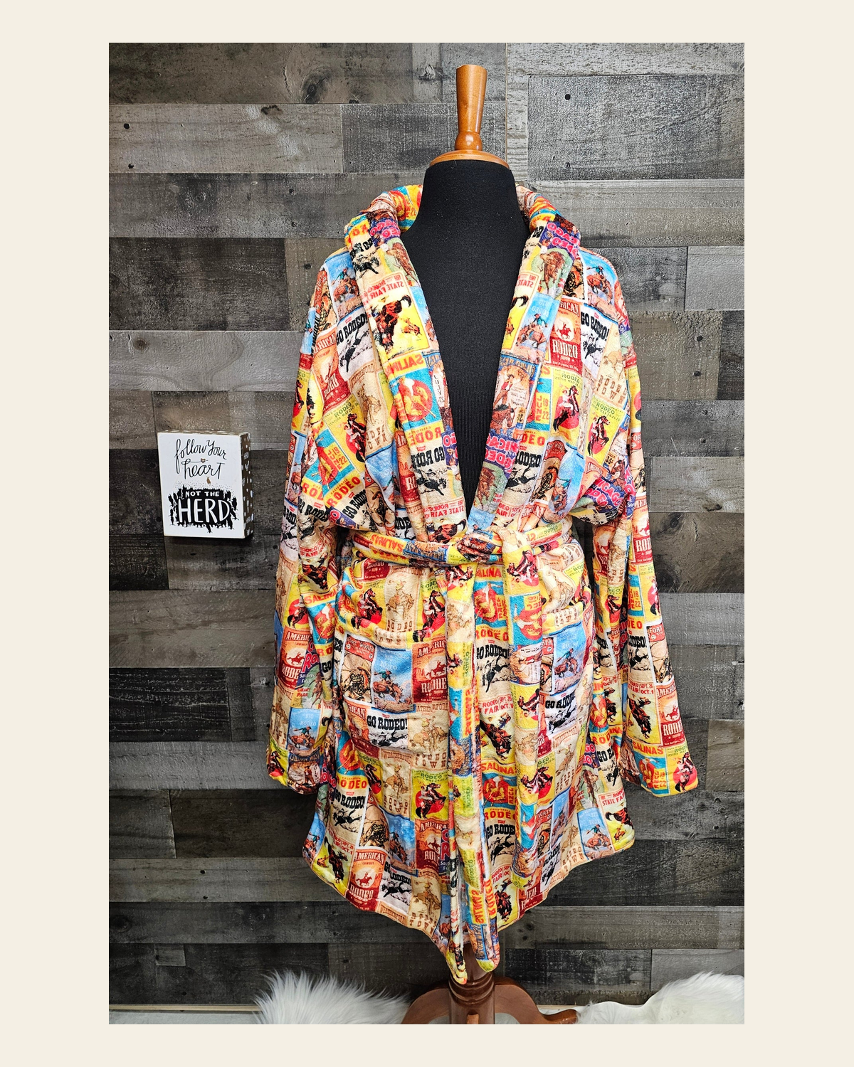 Baha Ranch Vintage Rodeo Poster Women's Western Bath Robe on a warm cream background