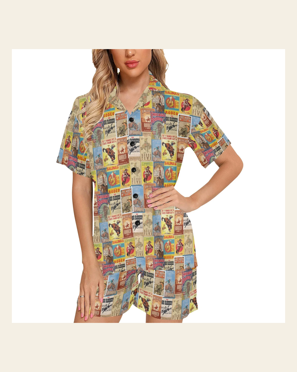 Baha Ranch Vintage Rodeo Poster Women's Western Pajama Set on a warm cream background