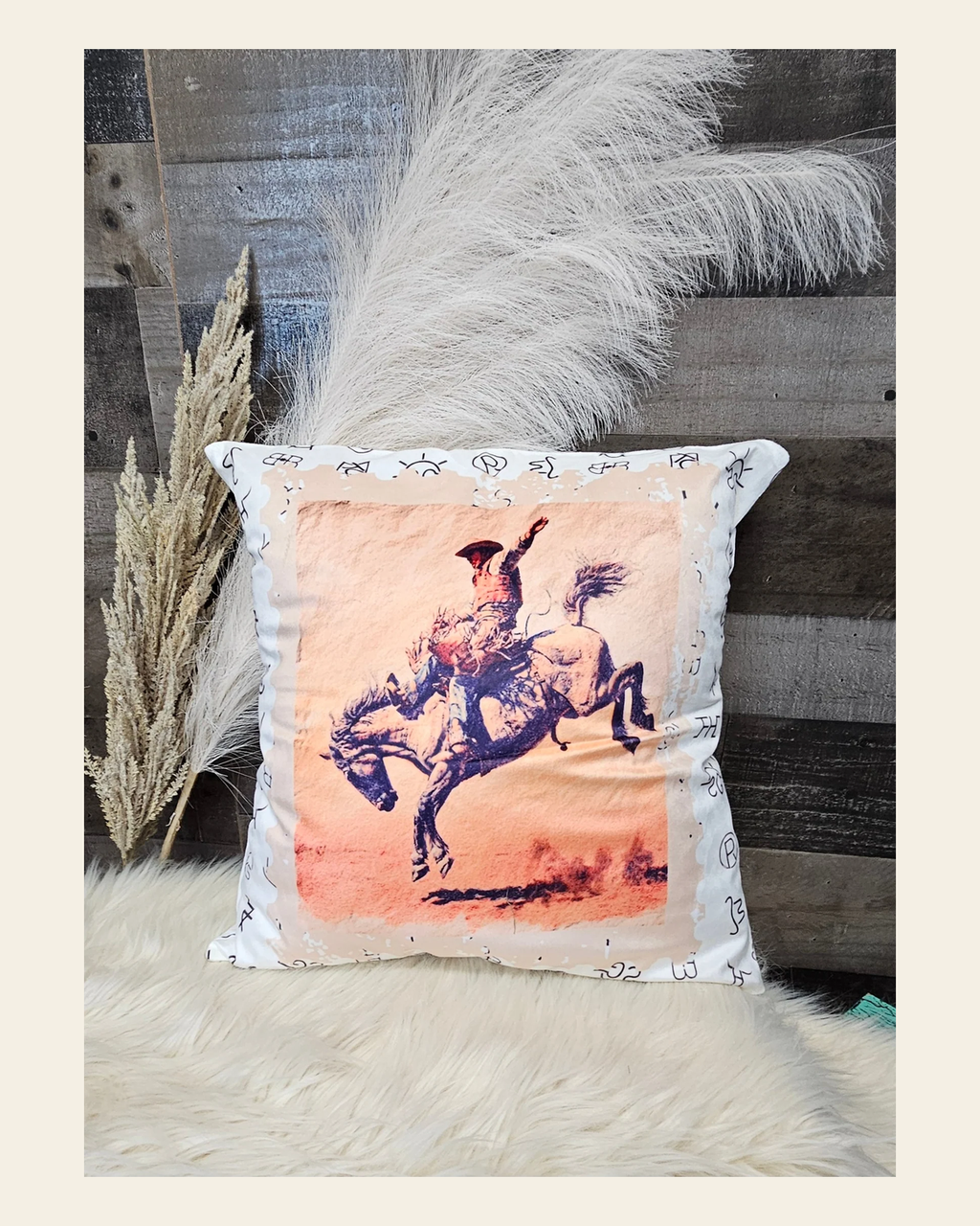 Baha Ranch Vintage Rodeo Stamp Throw Pillow Made in America on a warm cream background
