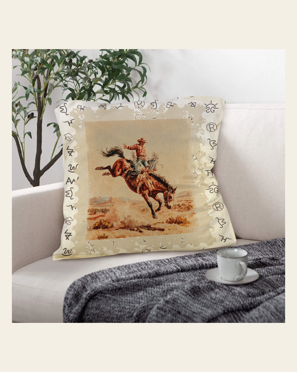 Baha Ranch Vintage Rodeo Stamp Throw Pillow Made in America on a warm cream background