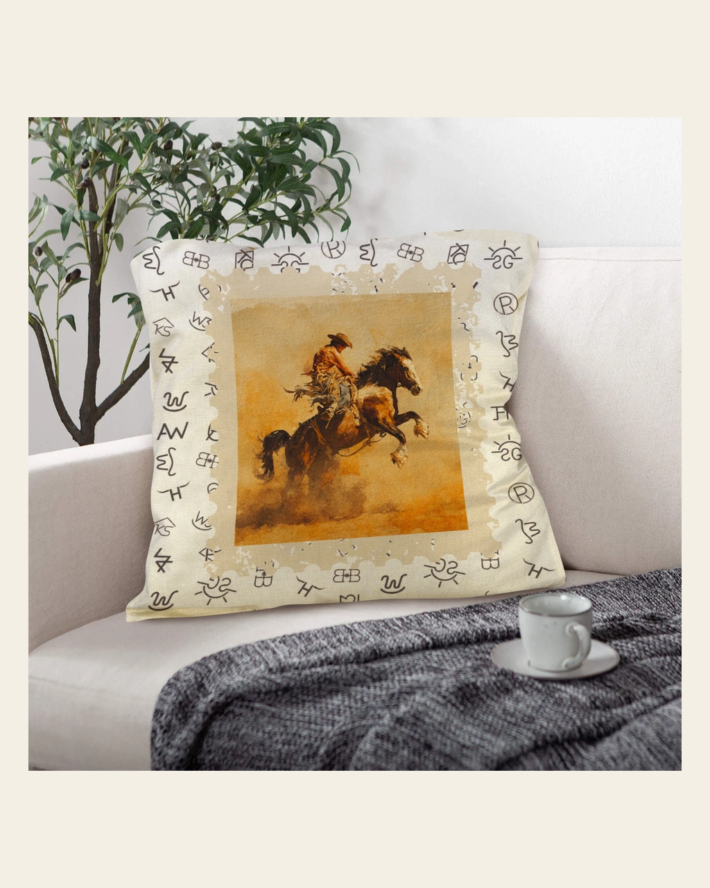 Baha Ranch Vintage Rodeo Stamp Throw Pillow Made in America on a warm cream background