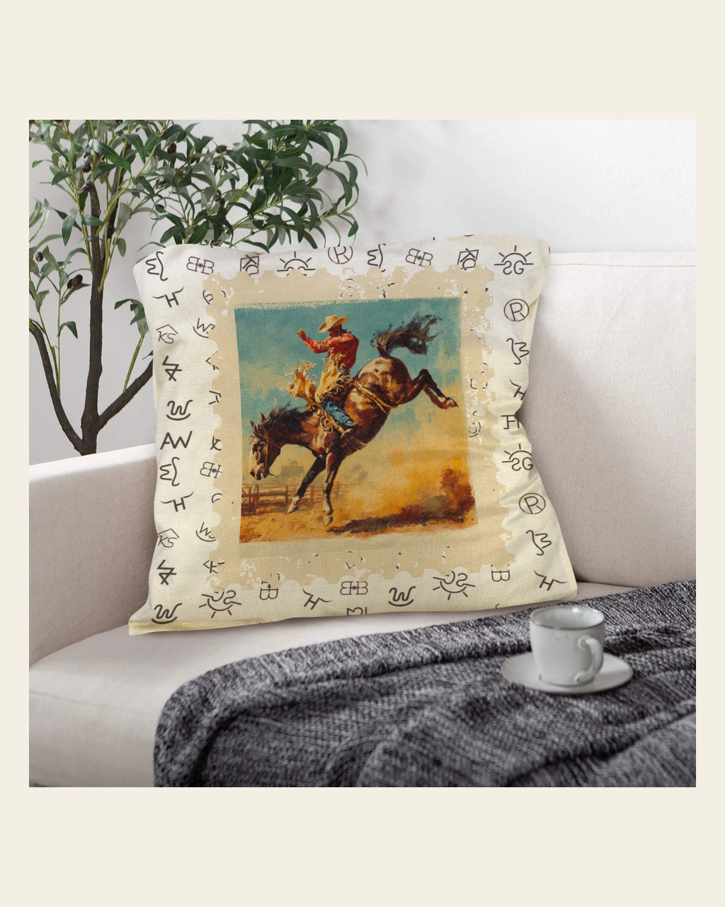 Baha Ranch Vintage Rodeo Stamp Throw Pillow Made in America on a warm cream background