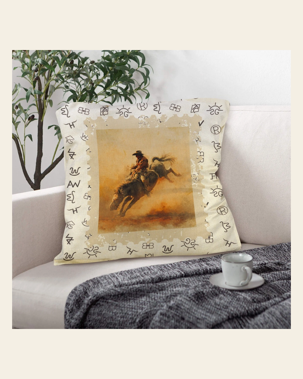 Baha Ranch Vintage Rodeo Stamp Throw Pillow Made in America on a warm cream background