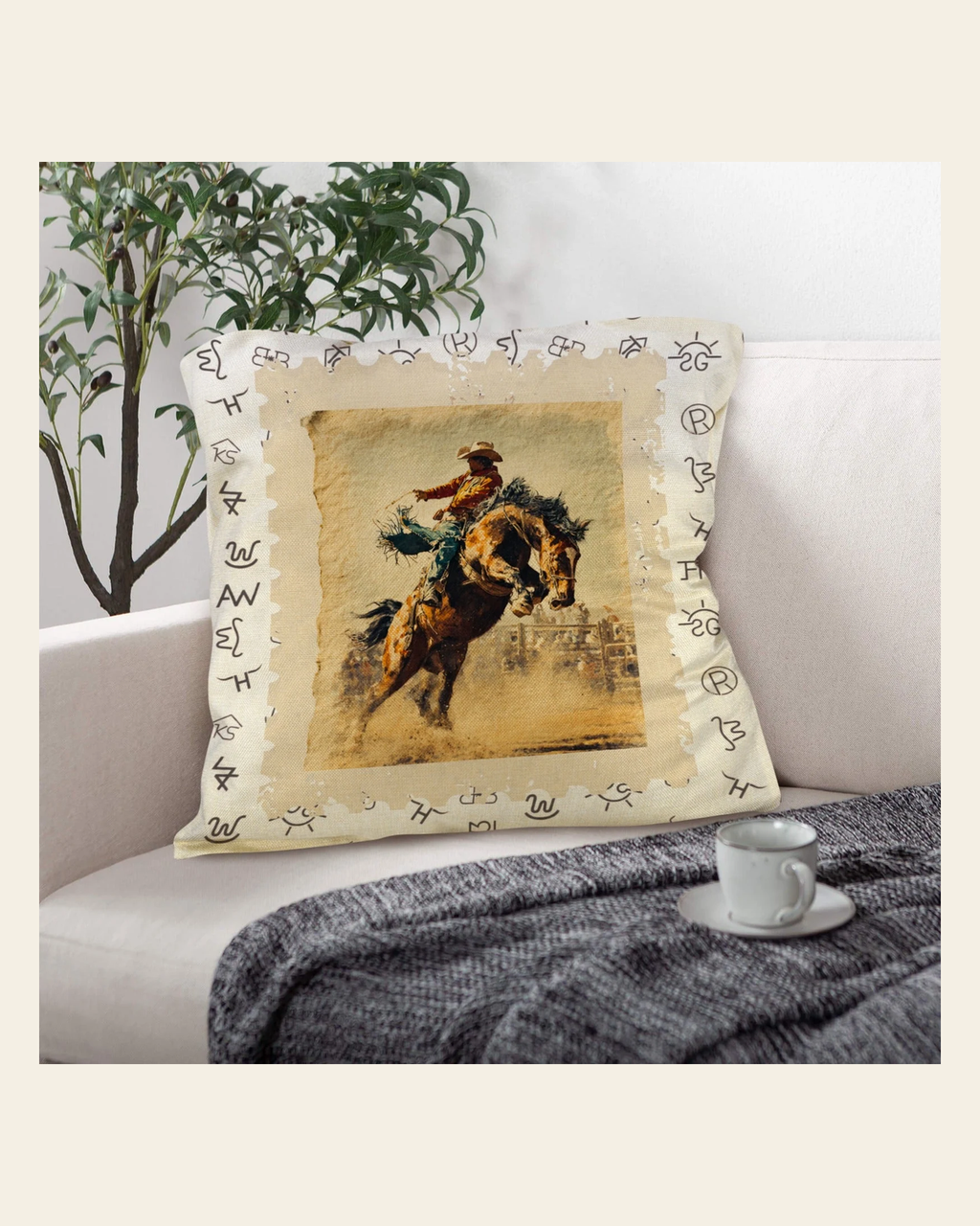 Baha Ranch Vintage Rodeo Stamp Throw Pillow Made in America on a warm cream background