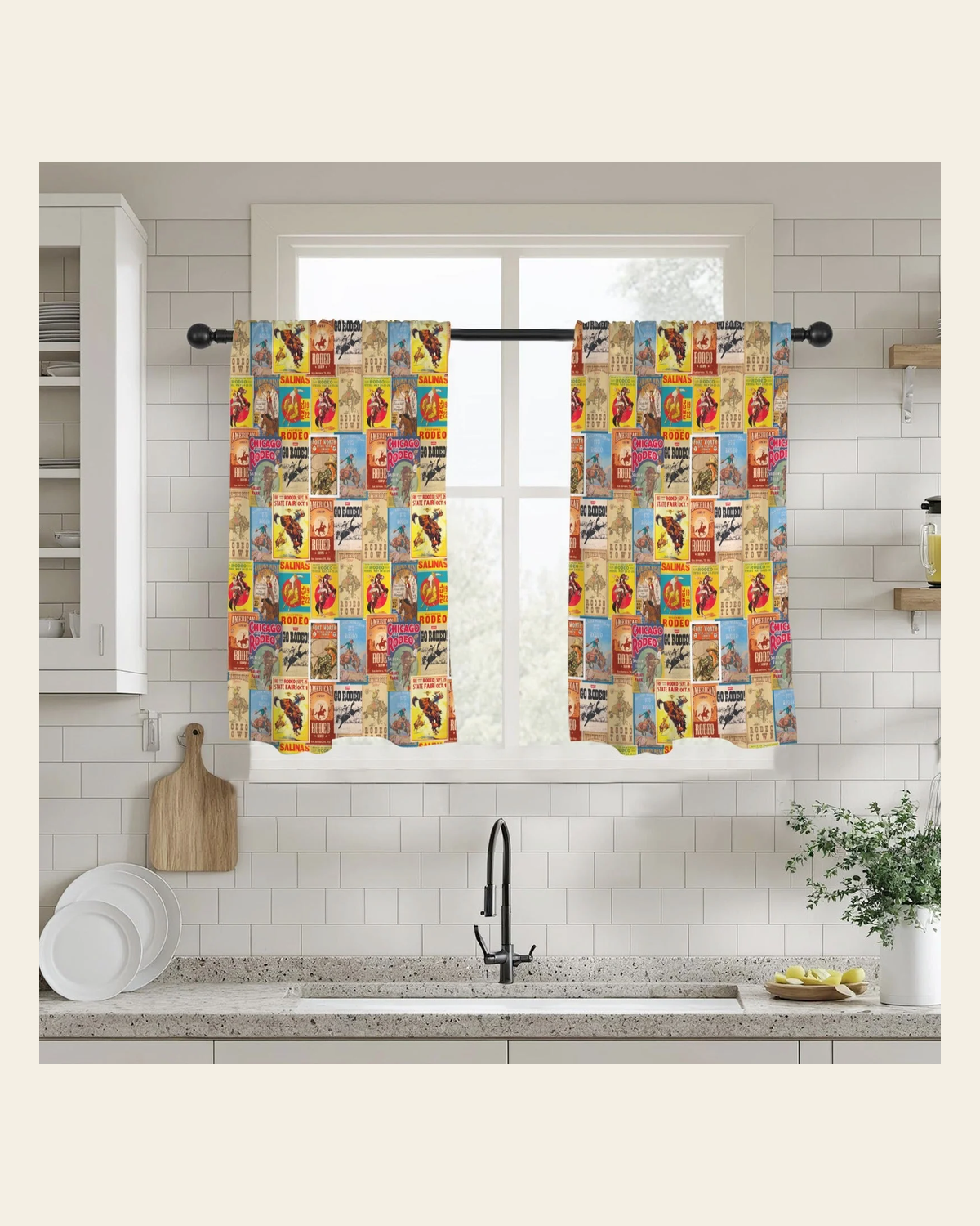 Baha Ranch Vintage Rodeo Window Curtain 28"x40" (2-Piece) Made in America on a warm cream background