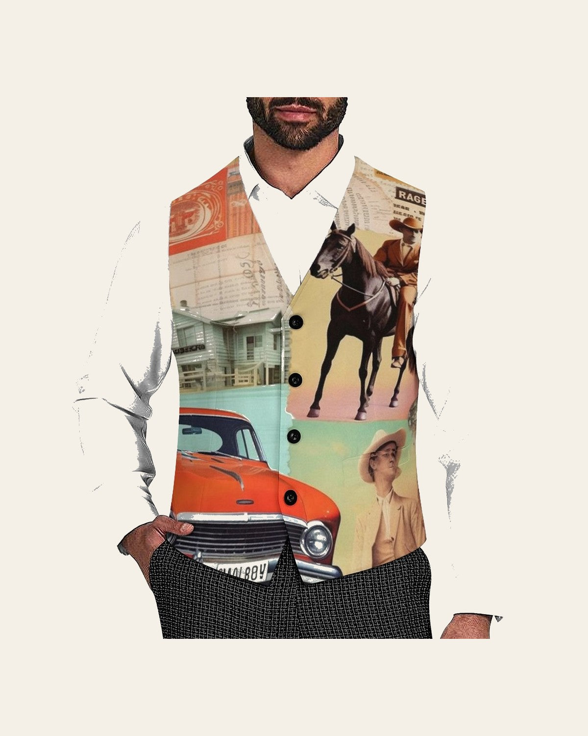 Baha Ranch Vintage Western Collage Men's Vest - Classic Car Print on a warm cream background