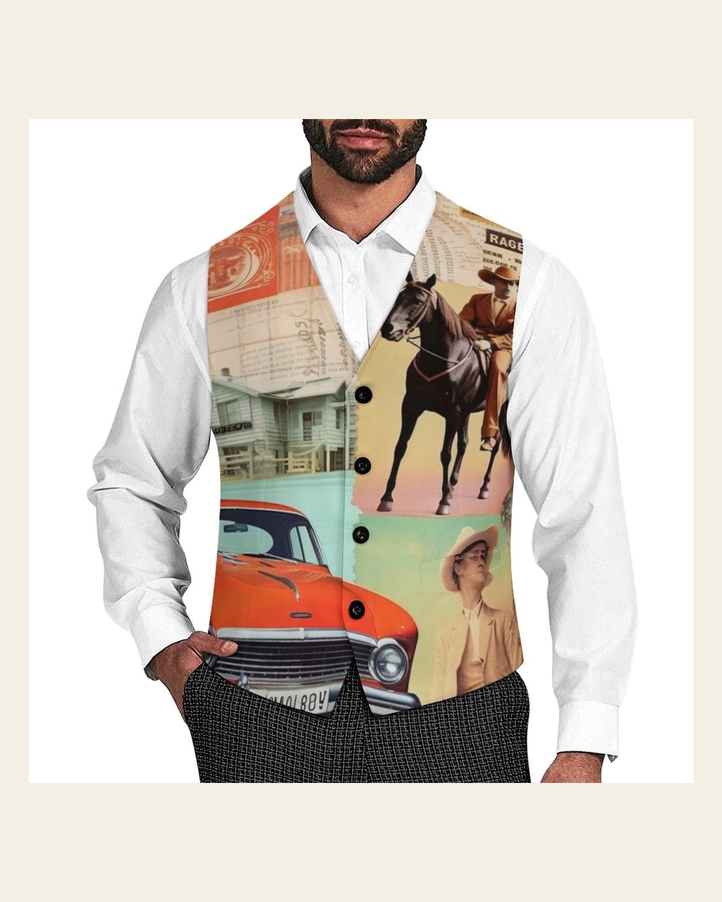 Baha Ranch Vintage Western Collage Men's Vest on a warm cream background