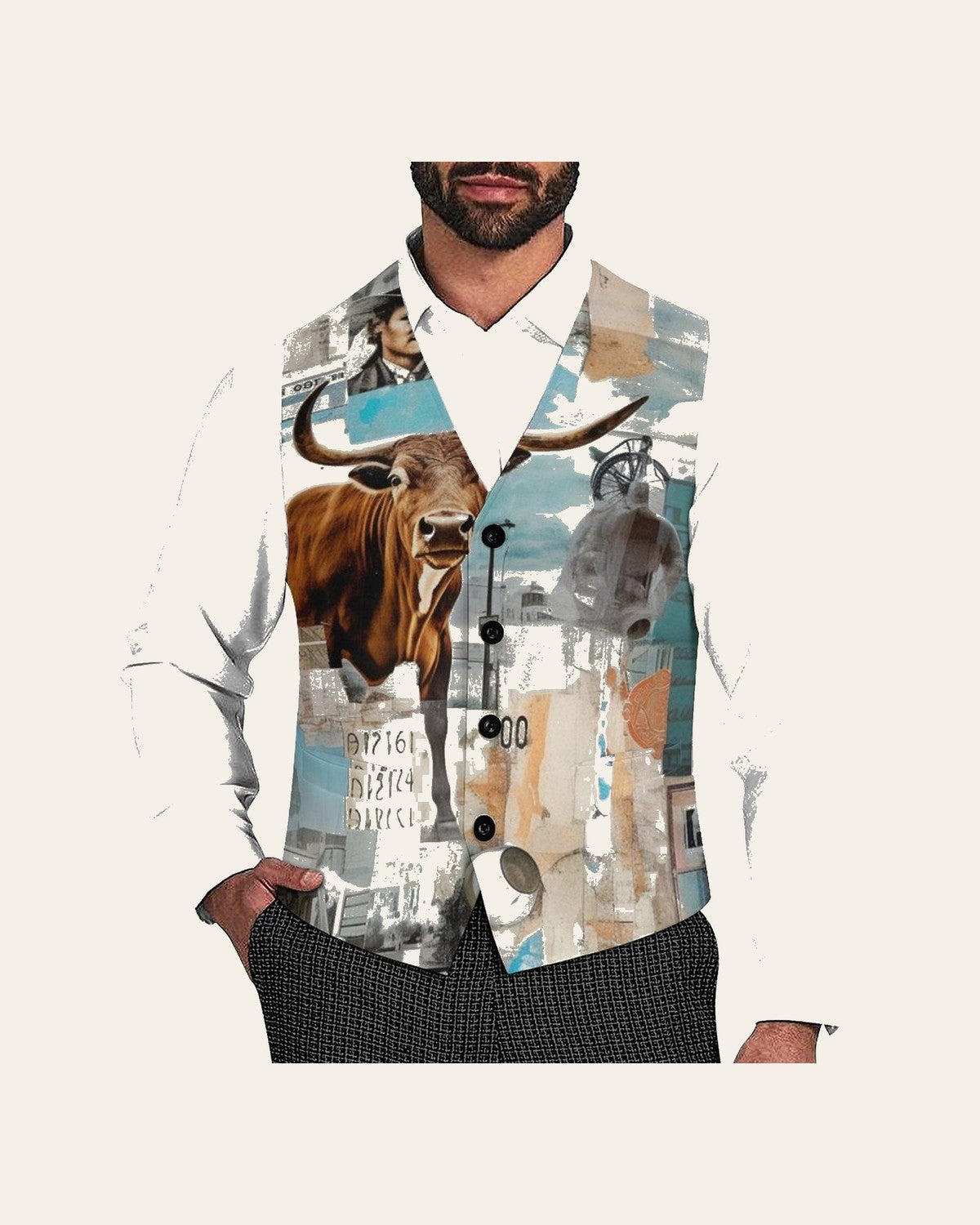 Baha Ranch Vintage Western Collage Men's Vest - Cowboy & Cattle Print on a warm cream background