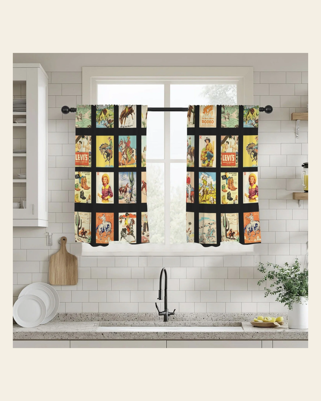 Baha Ranch Vintage Western Collage Window Curtains 28"x40" (2-Piece)Made in America on a warm cream background