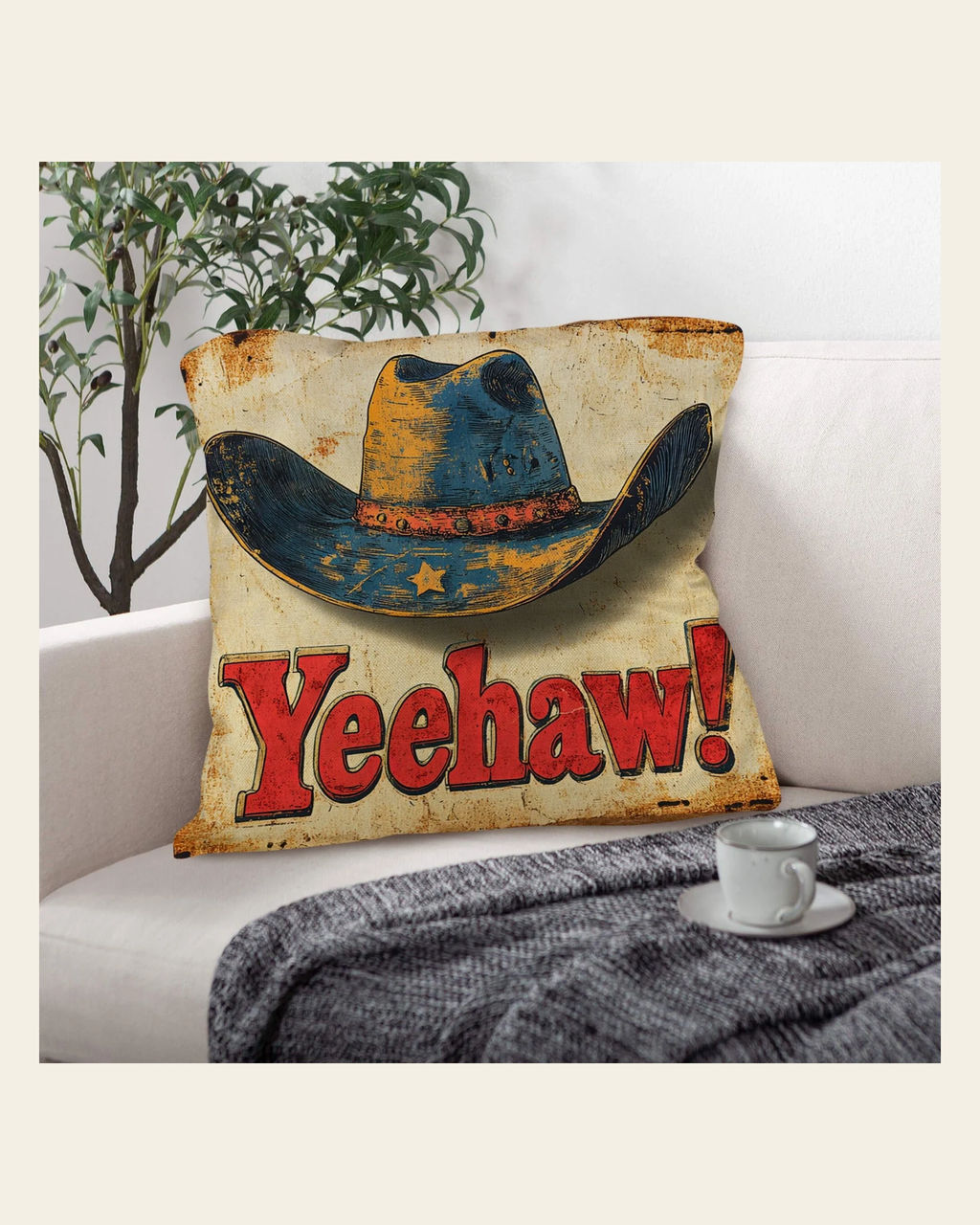 Baha Ranch Vintage Western Yeehaw Throw Pillow Case 18 x 18 Made in America on a warm cream background