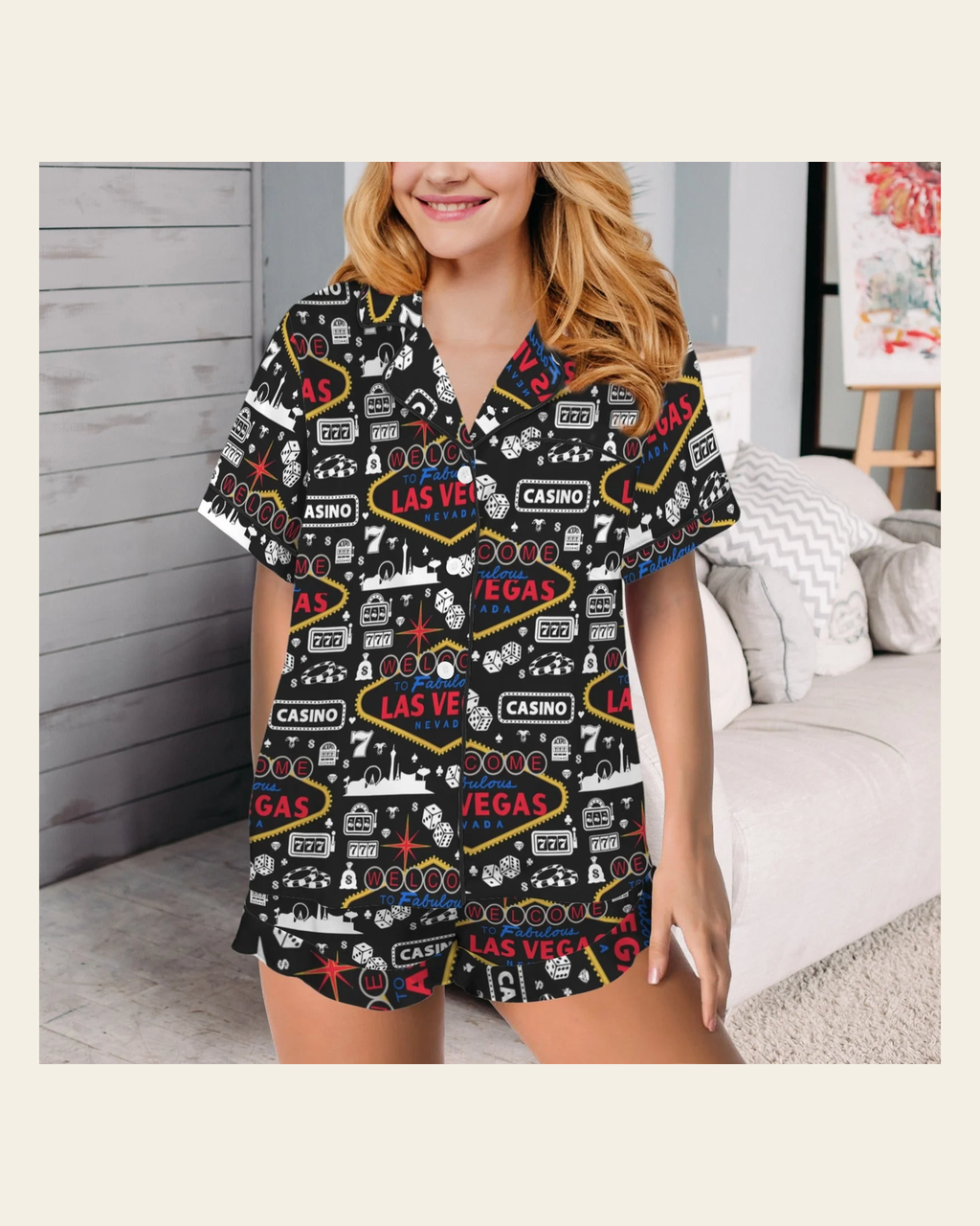 Baha Ranch Viva Las Vegas Western Satin Ruffle Pajama Set on a warm cream background
