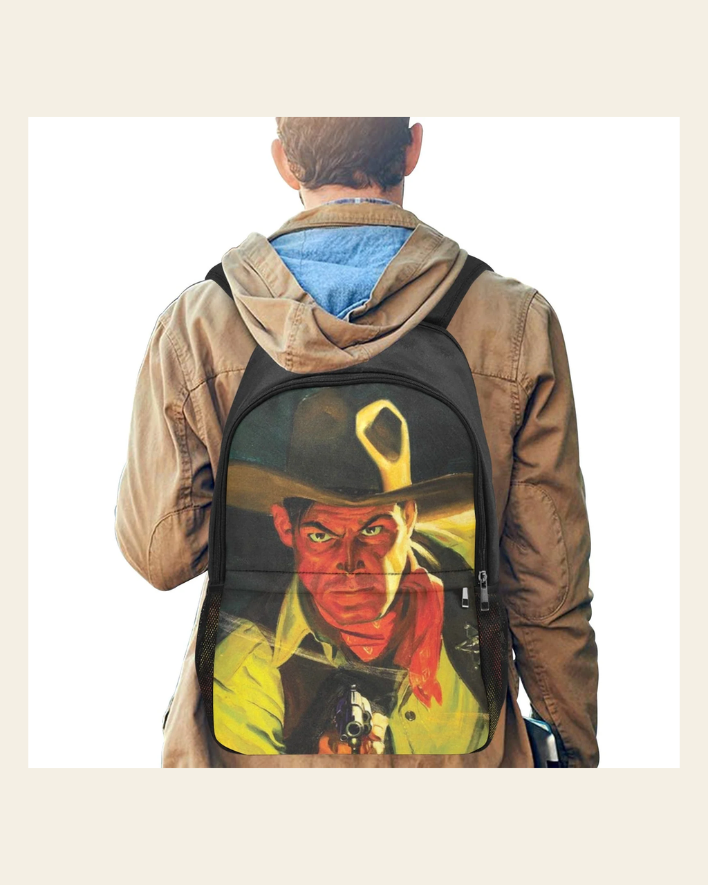 Baha Ranch Wanted Cowboy Backpack on a warm cream background