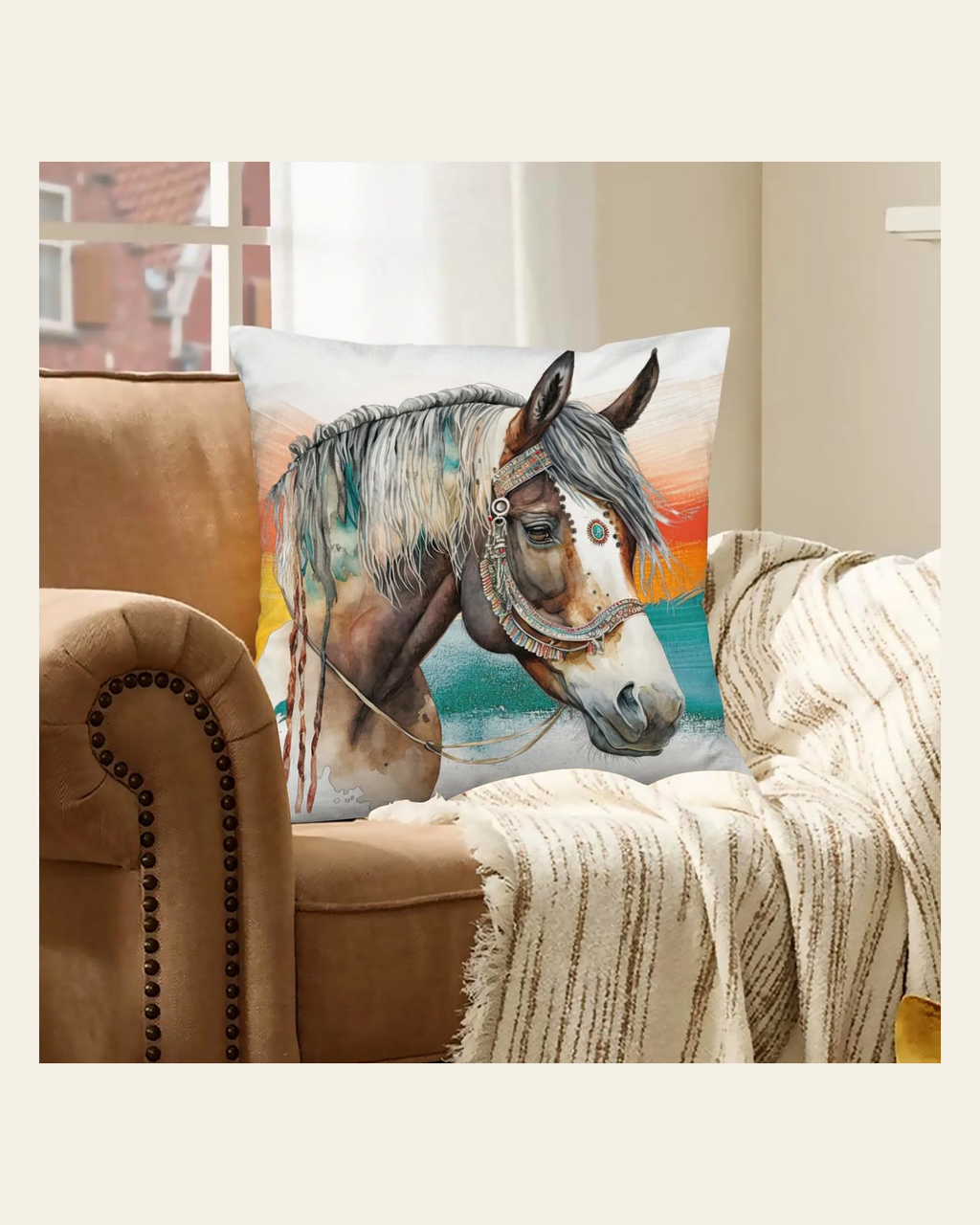 Baha Ranch War Pony Horse Velvety Soft Pillow Cover Made in America on a warm cream background