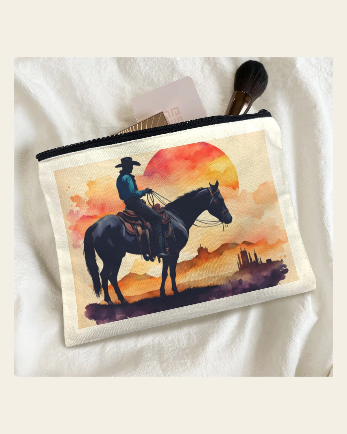 Baha Ranch Water Color Cowboy Cosmetic Bag Pack of 5 Made in America on a warm cream background