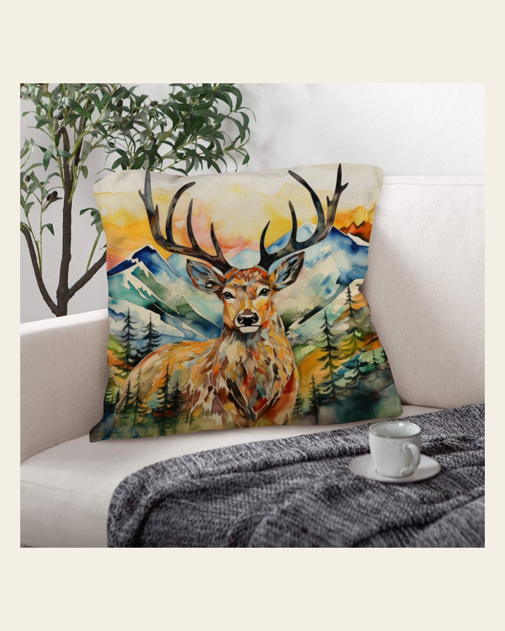 Baha Ranch Watercolor Buck Hunting Pillow Case Made In America on a warm cream background