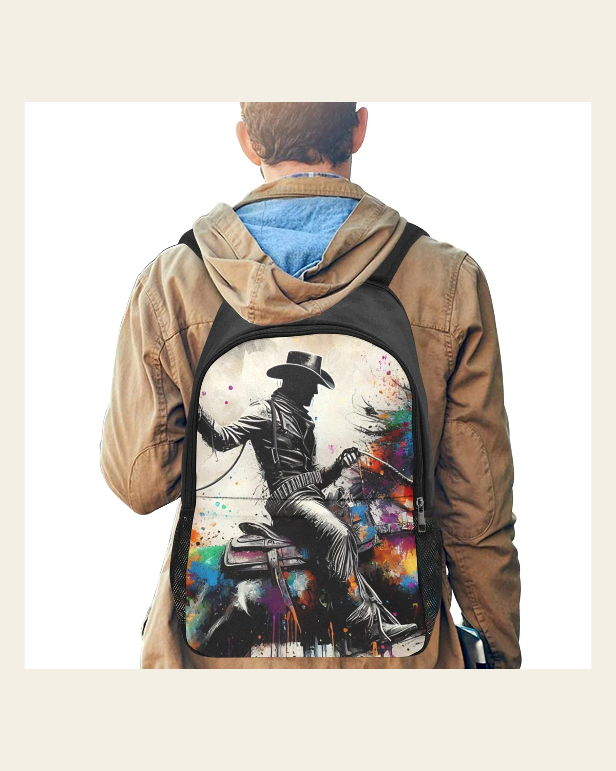 Baha Ranch Watercolor Cowboy Backpack on a warm cream background