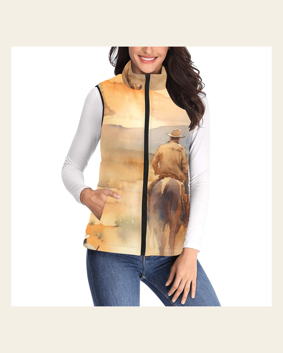 Baha Ranch Watercolor Cowboy Women's Western Puffy Vest on a warm cream background