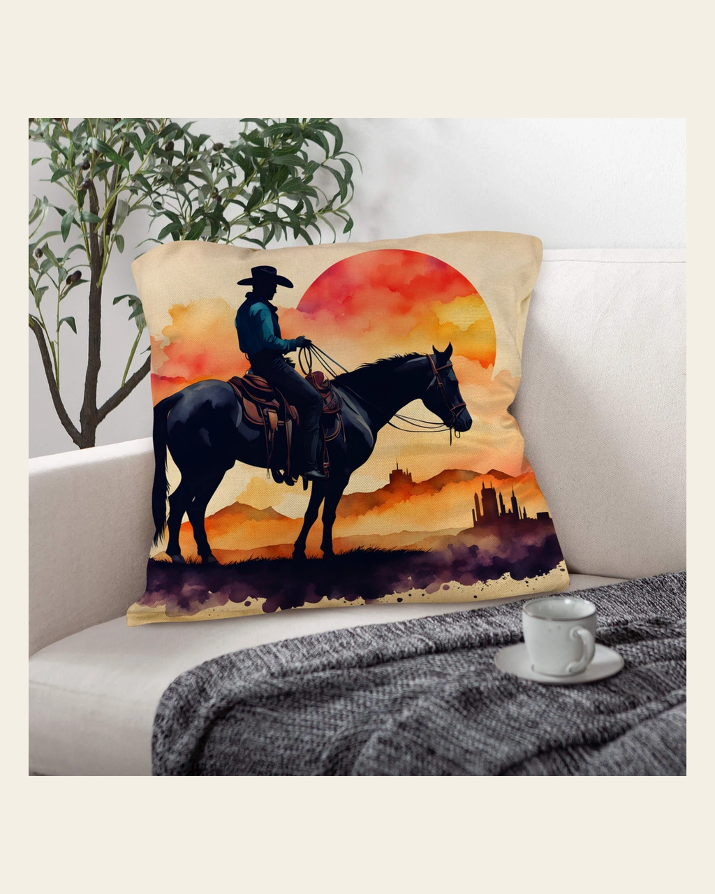 Baha Ranch Watercolor Desert Cowboy Throw Pillow Case Made in America on a warm cream background