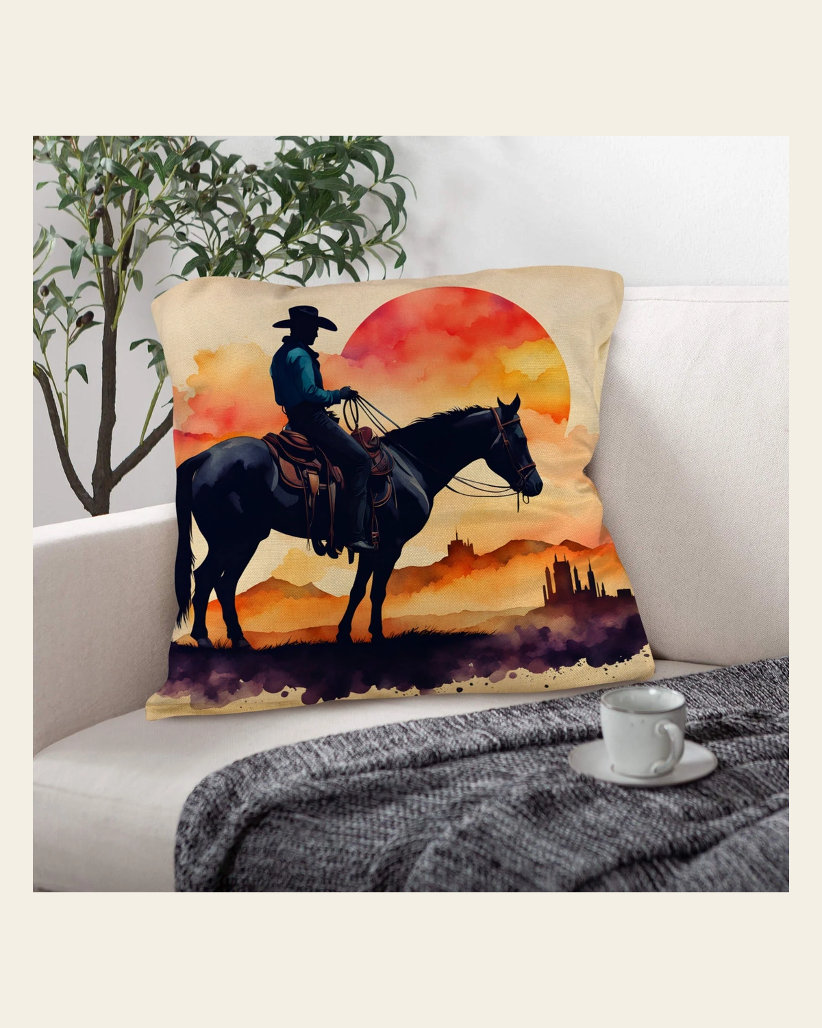 Baha Ranch Watercolor Desert Cowboy Throw Pillow Case Made in America on a warm cream background
