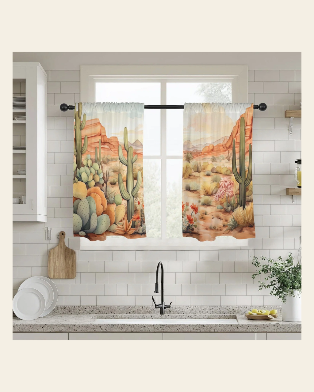 Baha Ranch Watercolor Desert Curtains 28"x40" (2-Piece) Made in America on a warm cream background