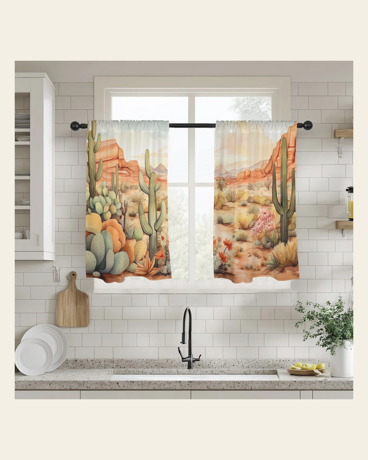Baha Ranch Watercolor Desert Curtains 28"x40" (2-Piece) Made in America on a warm cream background