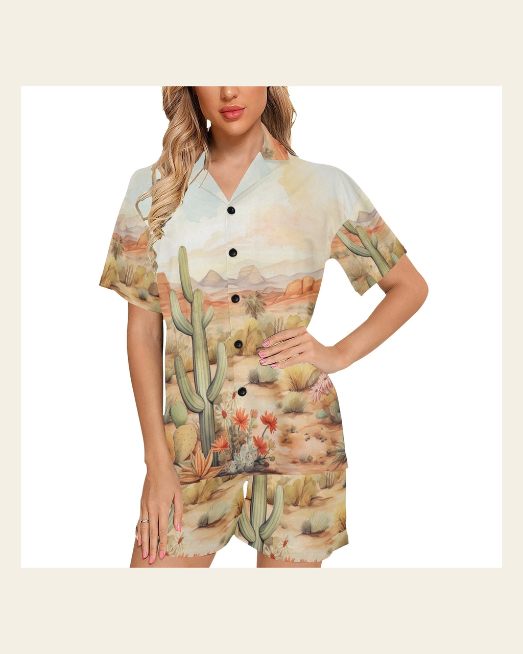 Baha Ranch Watercolor Desert Women's Western Pajama Set on a warm cream background