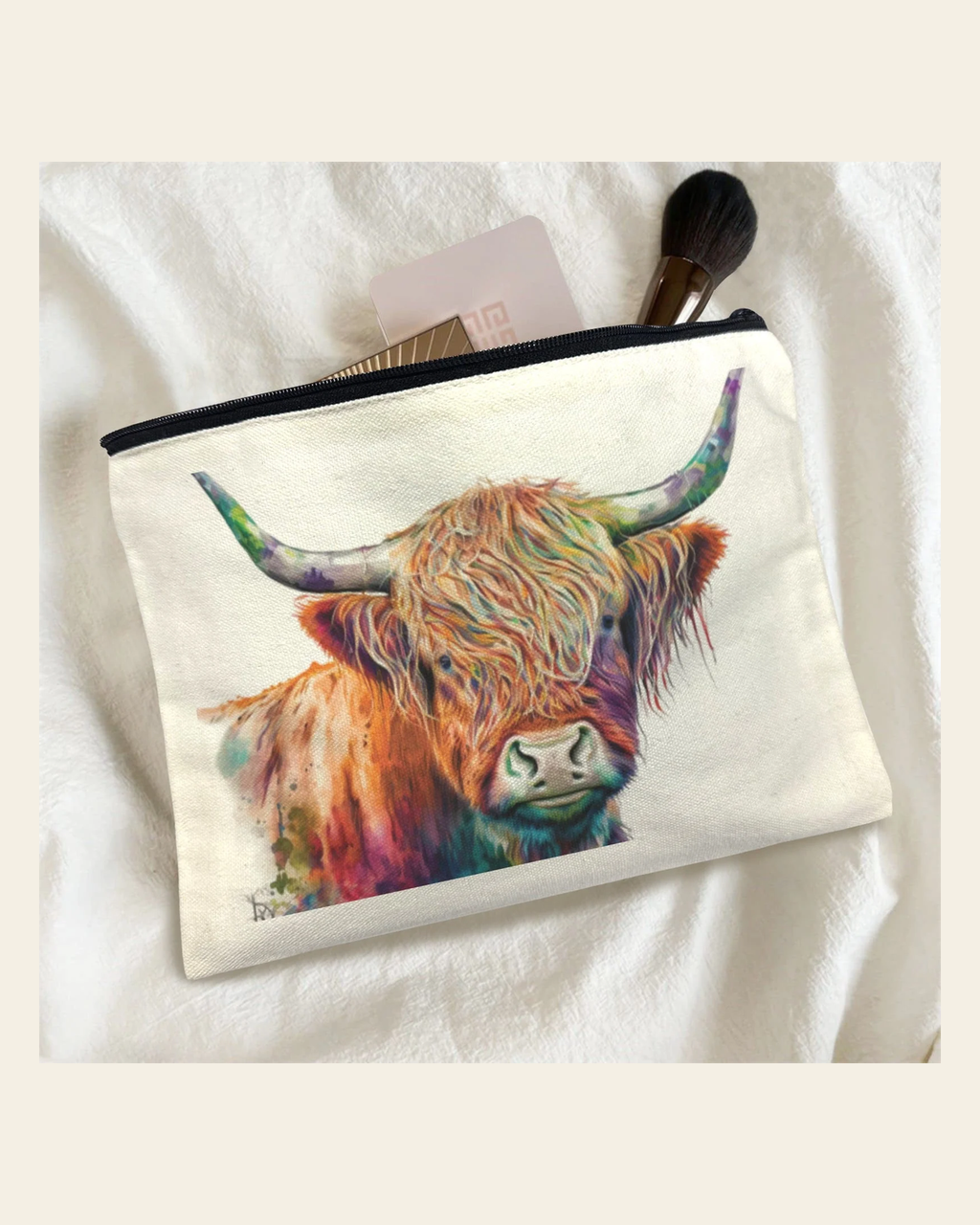 Baha Ranch Watercolor Highland Cosmetic Bag Pack of 5 Made in America on a warm cream background