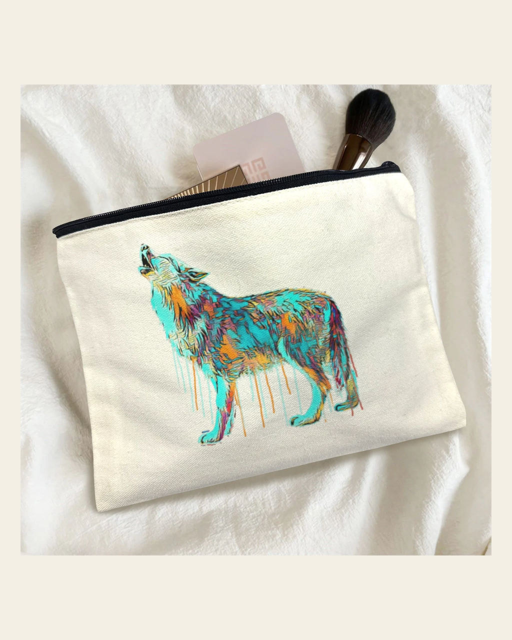 Baha Ranch Watercolor Wolf Cosmetic Bag Pack of 5 Made in America on a warm cream background