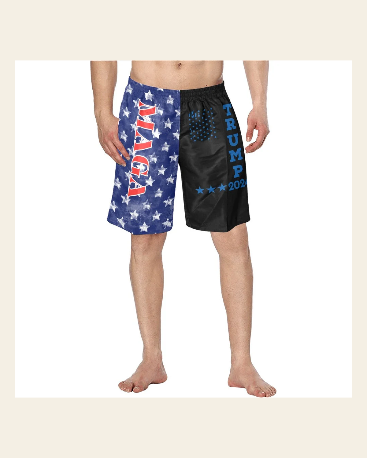 Baha Ranch We the People Trump Maga Swim Trunks Shorts on a warm cream background