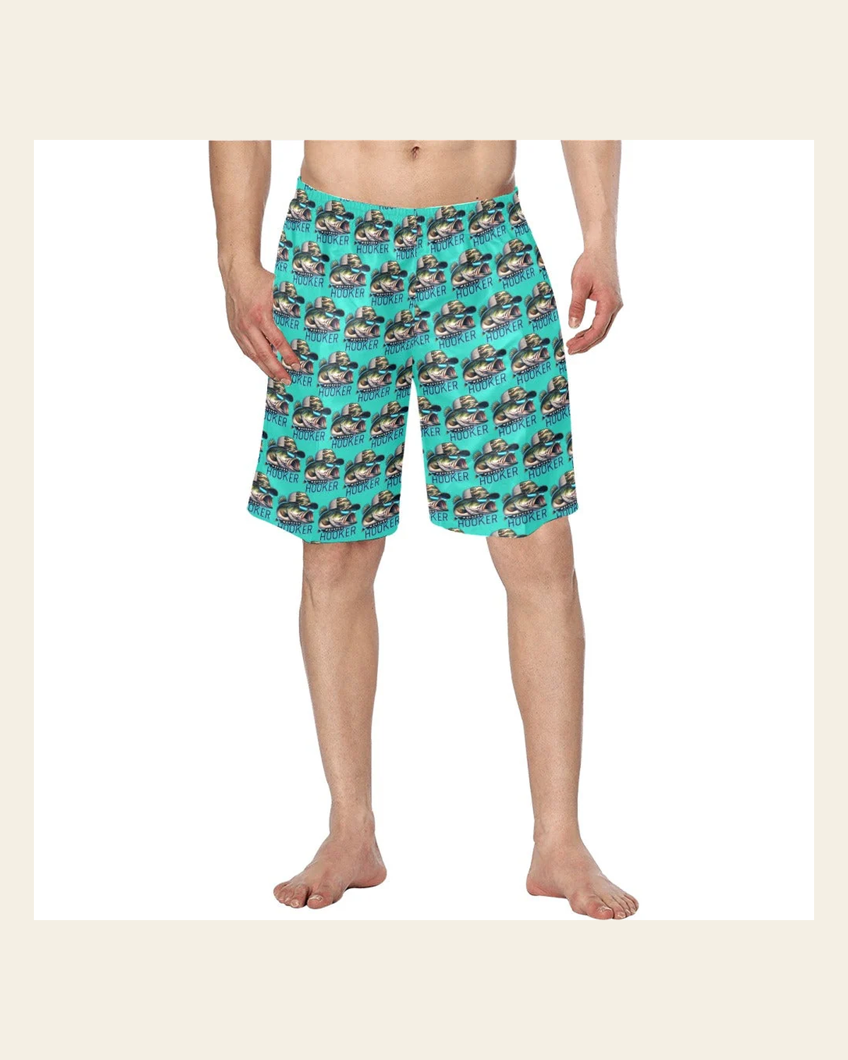 Baha Ranch Weekend Hooker Men's Beach Board Swim Shorts on a warm cream background