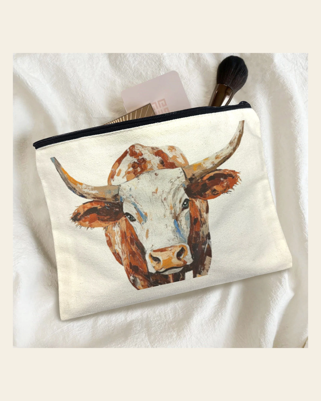 Baha Ranch Western Bull Pack of 5 bags Cosmetic Bag Made in America on a warm cream background
