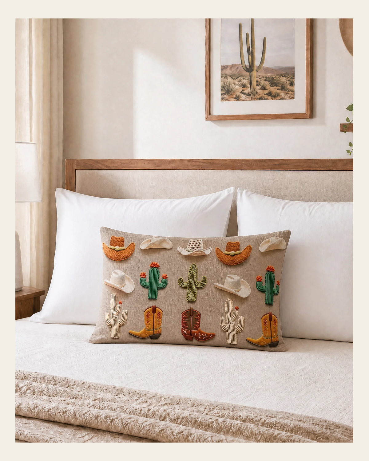 Baha Ranch Western Cactus Pillow Case Made in America on a warm cream background