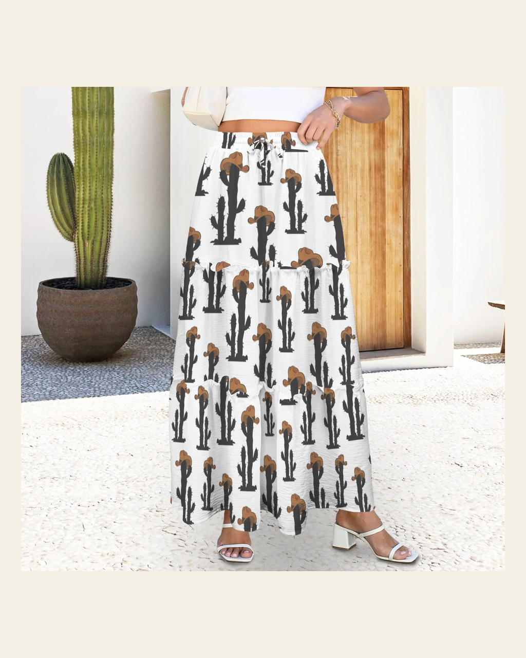 Baha Ranch Western Cactus Tiered Prairie Maxi Skirt on a warm cream background