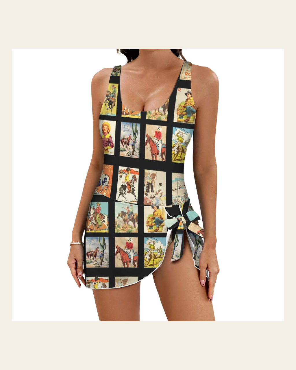 Baha Ranch Western Collage Skirted Swimsuit on a warm cream background