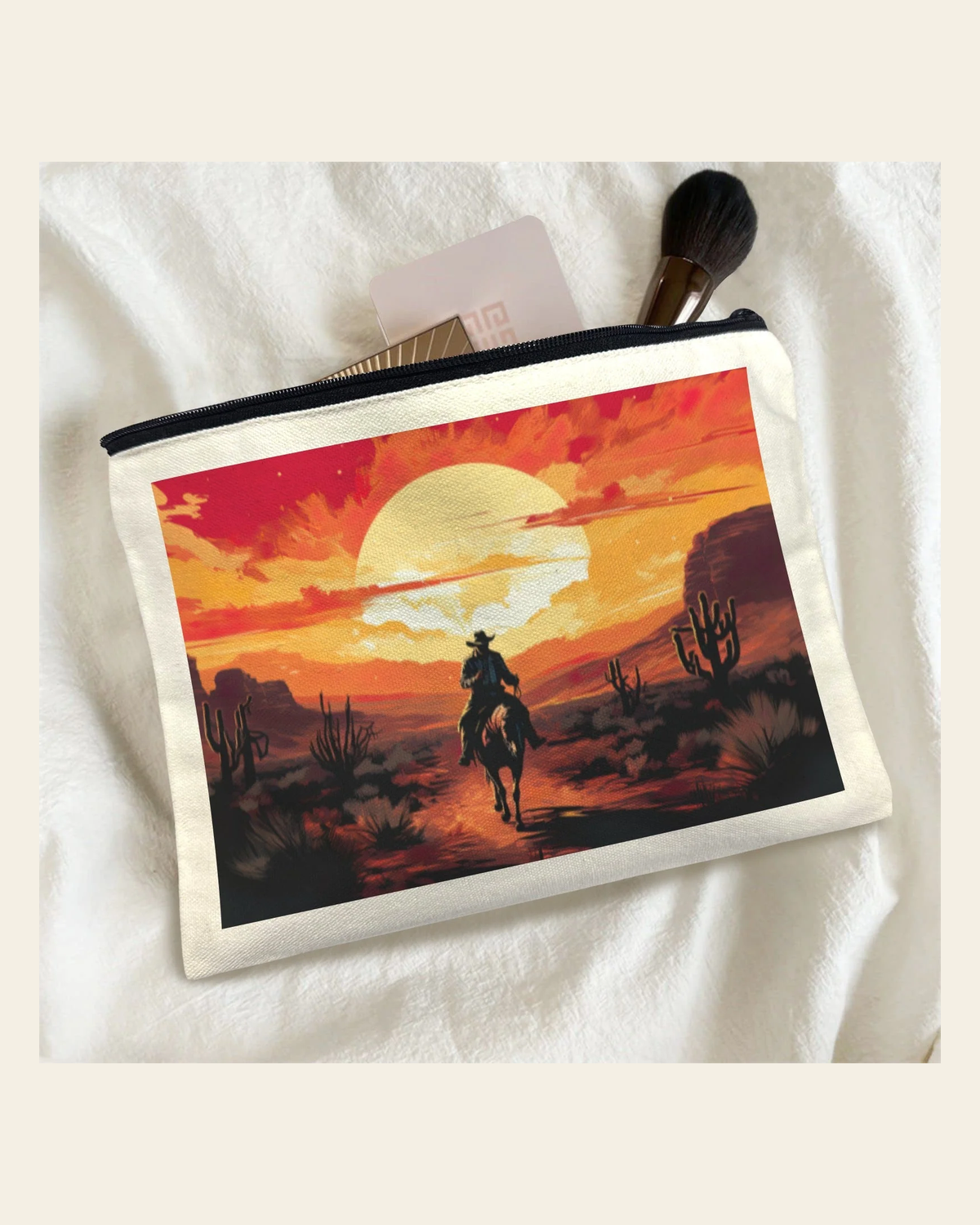 Baha Ranch Western Cowboy Sunset Cosmetic Bag Pack of 5 Made in America on a warm cream background