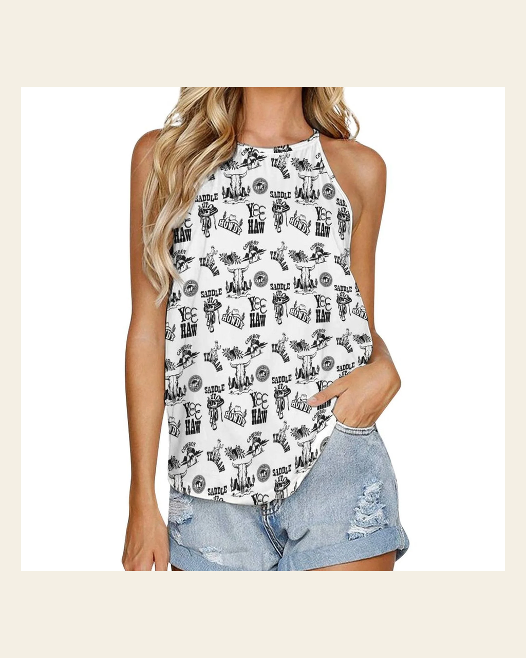 Baha Ranch Western Graphic Tank Top on a warm cream background