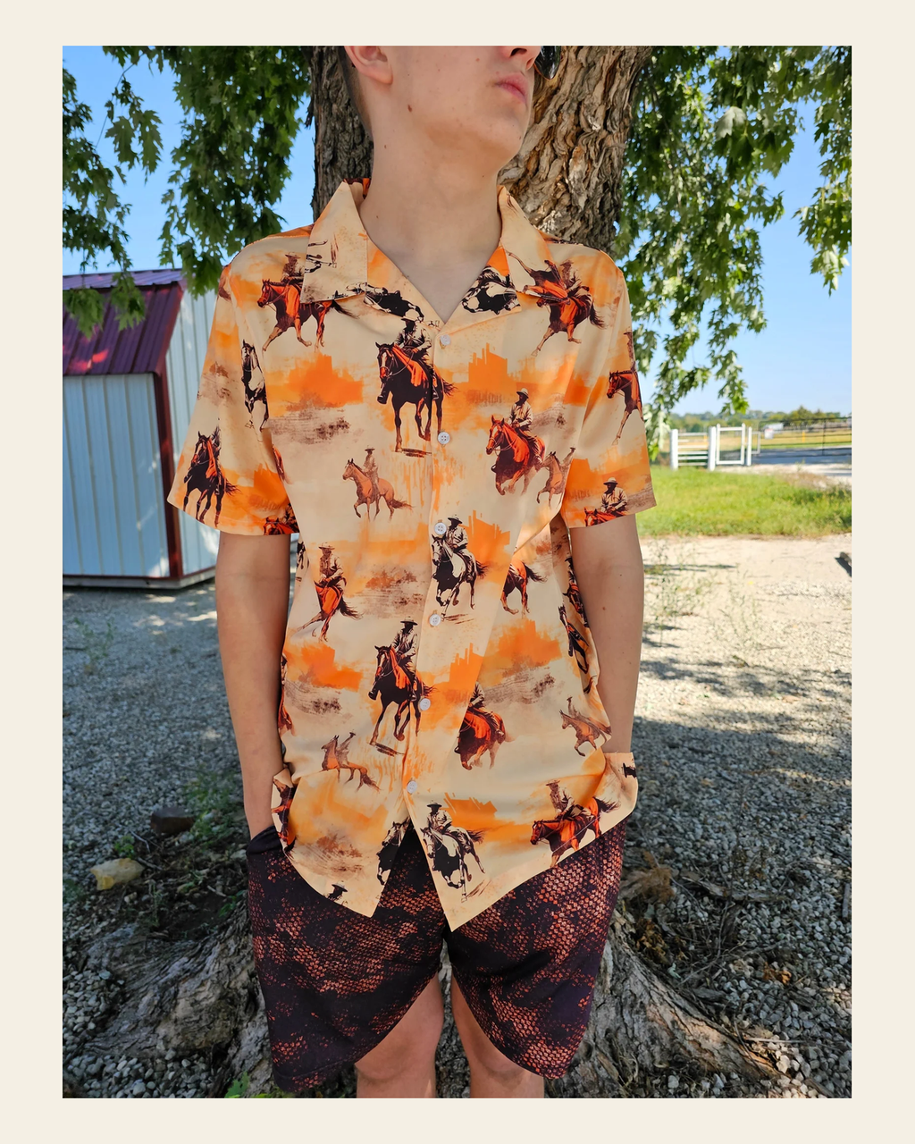 Baha Ranch Western Grunge Men's Western Camp Shirt on a warm cream background