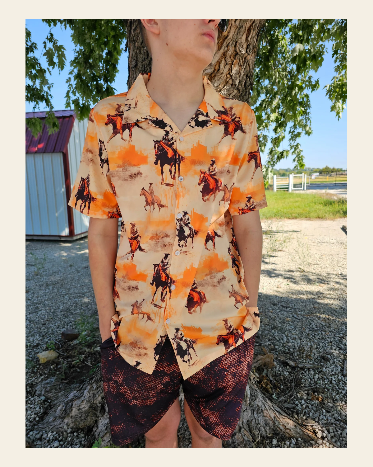Baha Ranch Western Grunge Men's Western Camp Shirt on a warm cream background